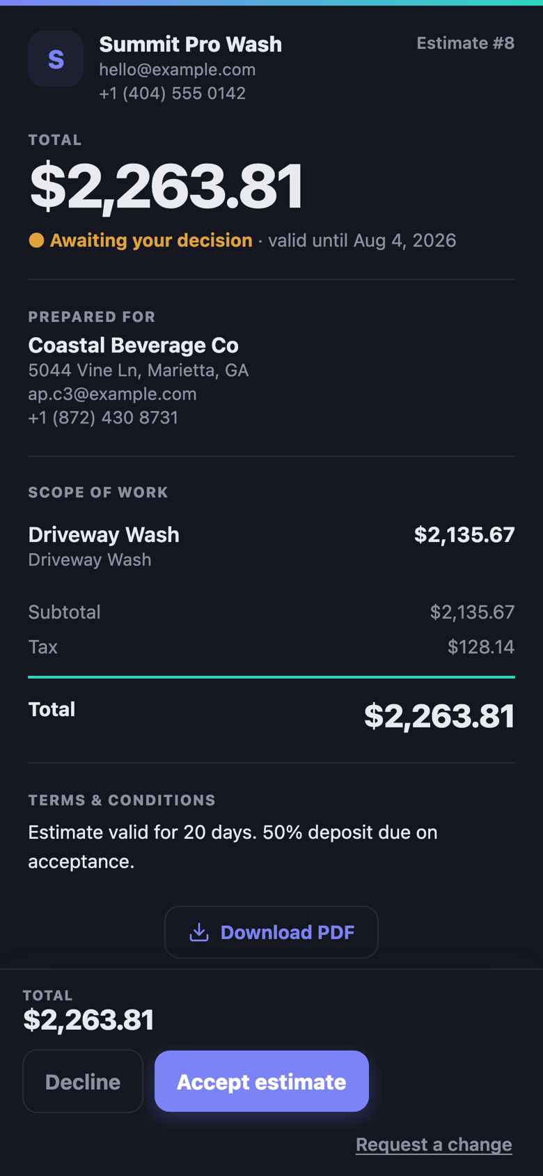 Public estimate link — branded quote with Accept and Decline