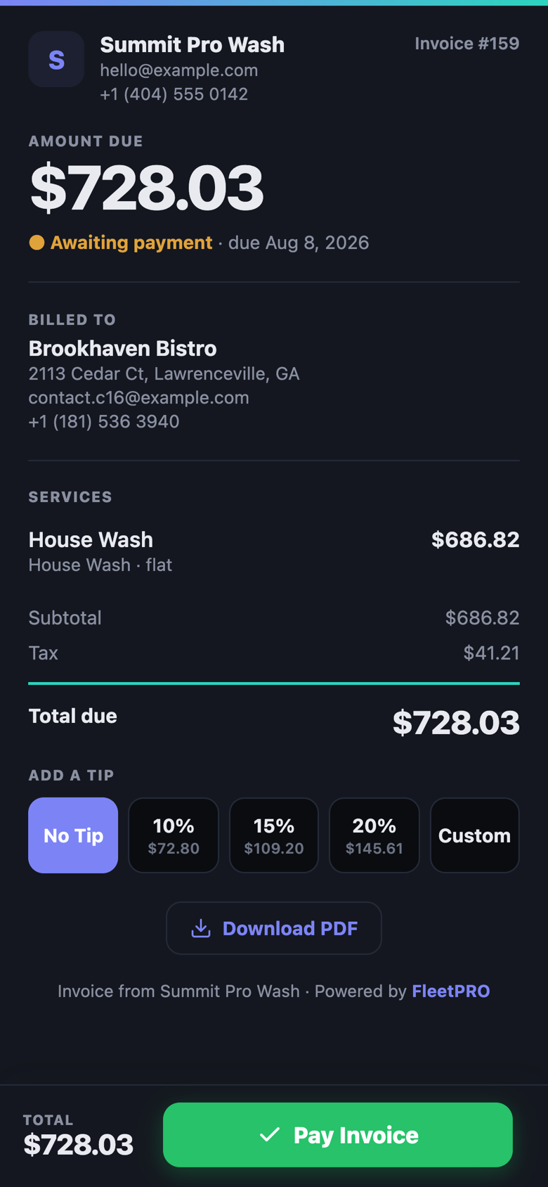 Hosted payable invoice page with tip selector and Pay button
