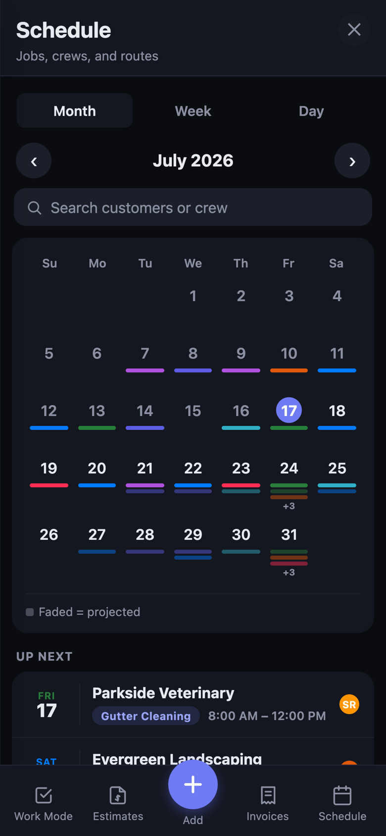 FleetPRO schedule — month view with color-coded jobs