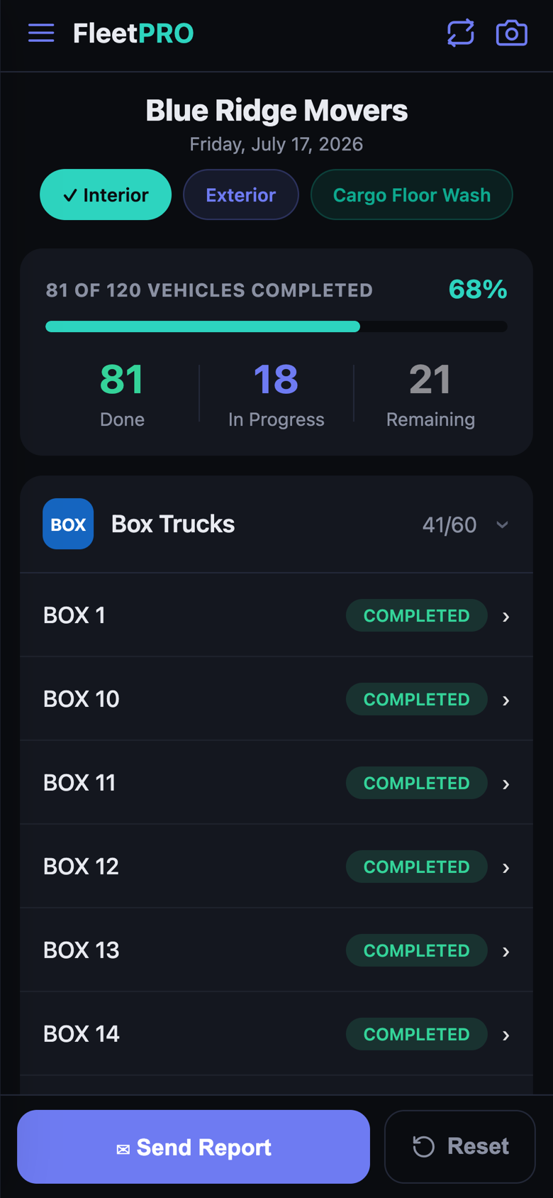 FleetPRO Work Mode — crew checklist with live completion progress